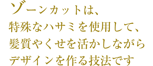 ゾーンカットは、特殊なハサミを使用して、髪質やくせを活かしながらデザインを作る技法です